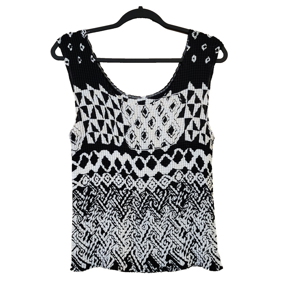 Nicola Womens Pullover Blouse Size L Black White Crinkle Sleeveless Scoop Neck
